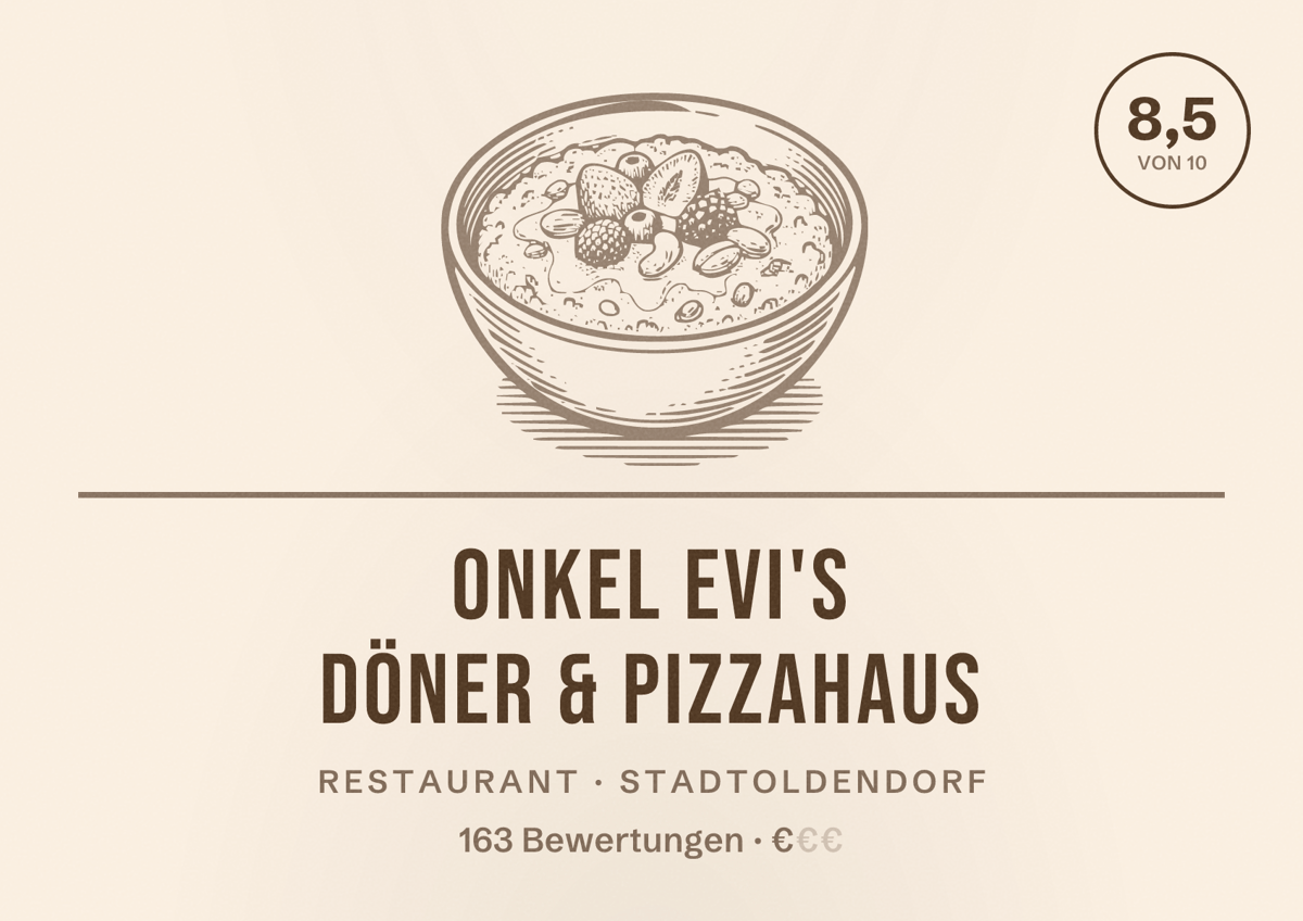 Illustriertes Poster von Onkel Evi's Döner & Pizzahaus, Restaurant in Stadtoldendorf: Bewertung 8,5 von 10 aus 163 Bewertungen, Preisniveau €