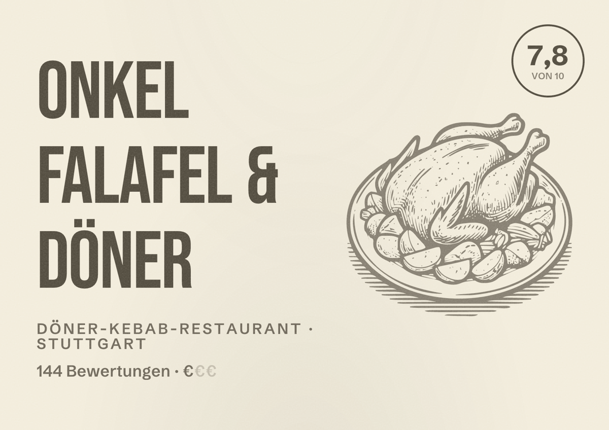 Illustriertes Poster von Onkel Falafel & Döner, Döner-Kebab-Restaurant in Stuttgart: Bewertung 7,8 von 10 aus 144 Bewertungen, Preisniveau €