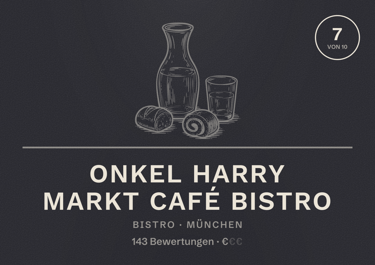 Illustriertes Poster von Onkel Harry Markt Café Bistro, Bistro in München: Bewertung 7,0 von 10 aus 143 Bewertungen, Preisniveau €