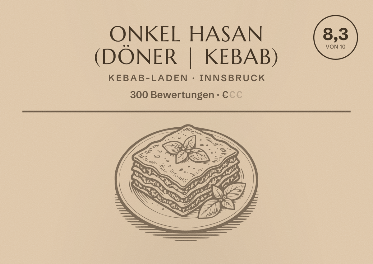 Illustriertes Poster von Onkel Hasan (Döner | Kebab), Kebab-Laden in Innsbruck: Bewertung 8,3 von 10 aus 300 Bewertungen, Preisniveau €