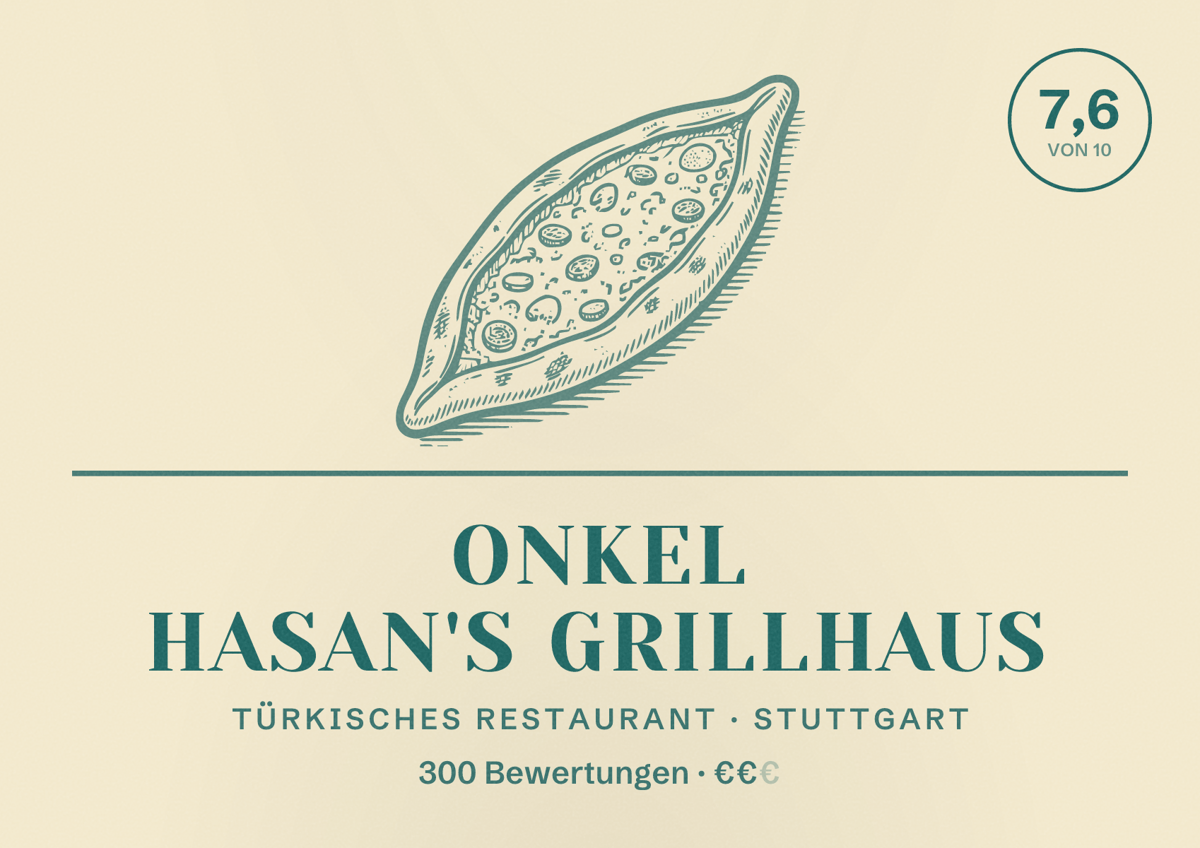 Illustriertes Poster von Onkel Hasan's Grillhaus, Türkisches Restaurant in Stuttgart: Bewertung 7,6 von 10 aus 300 Bewertungen, Preisniveau €€