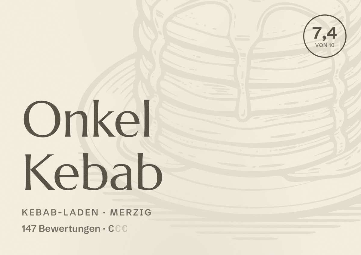 Illustriertes Poster von Onkel Kebab, Kebab-Laden in Merzig: Bewertung 7,4 von 10 aus 147 Bewertungen, Preisniveau €