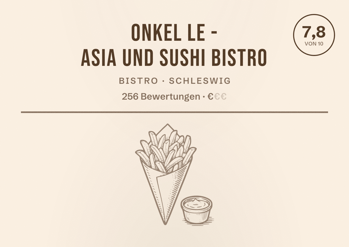 Illustriertes Poster von Onkel Le - Asia und Sushi Bistro, Bistro in Schleswig: Bewertung 7,8 von 10 aus 256 Bewertungen, Preisniveau €