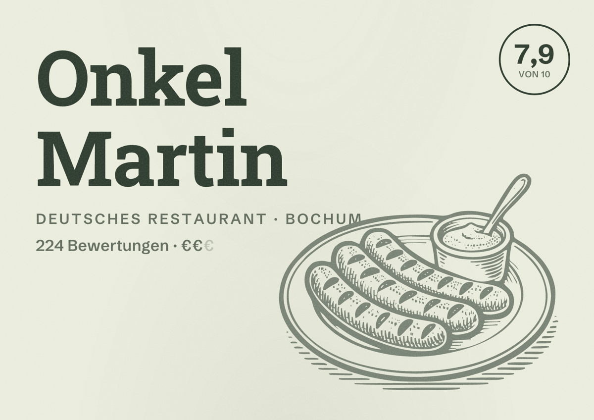 Illustriertes Poster von Onkel Martin, Deutsches Restaurant in Bochum: Bewertung 7,9 von 10 aus 224 Bewertungen, Preisniveau €€