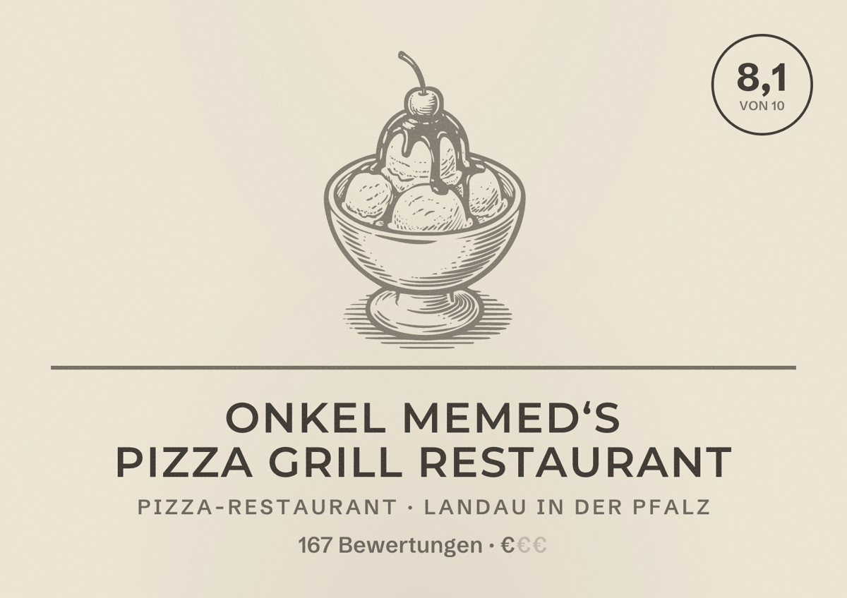 Illustriertes Poster von Onkel Memed‘s Pizza Grill Restaurant, Pizza-Restaurant in Landau in der Pfalz: Bewertung 8,1 von 10 aus 167 Bewertungen, Preisniveau €