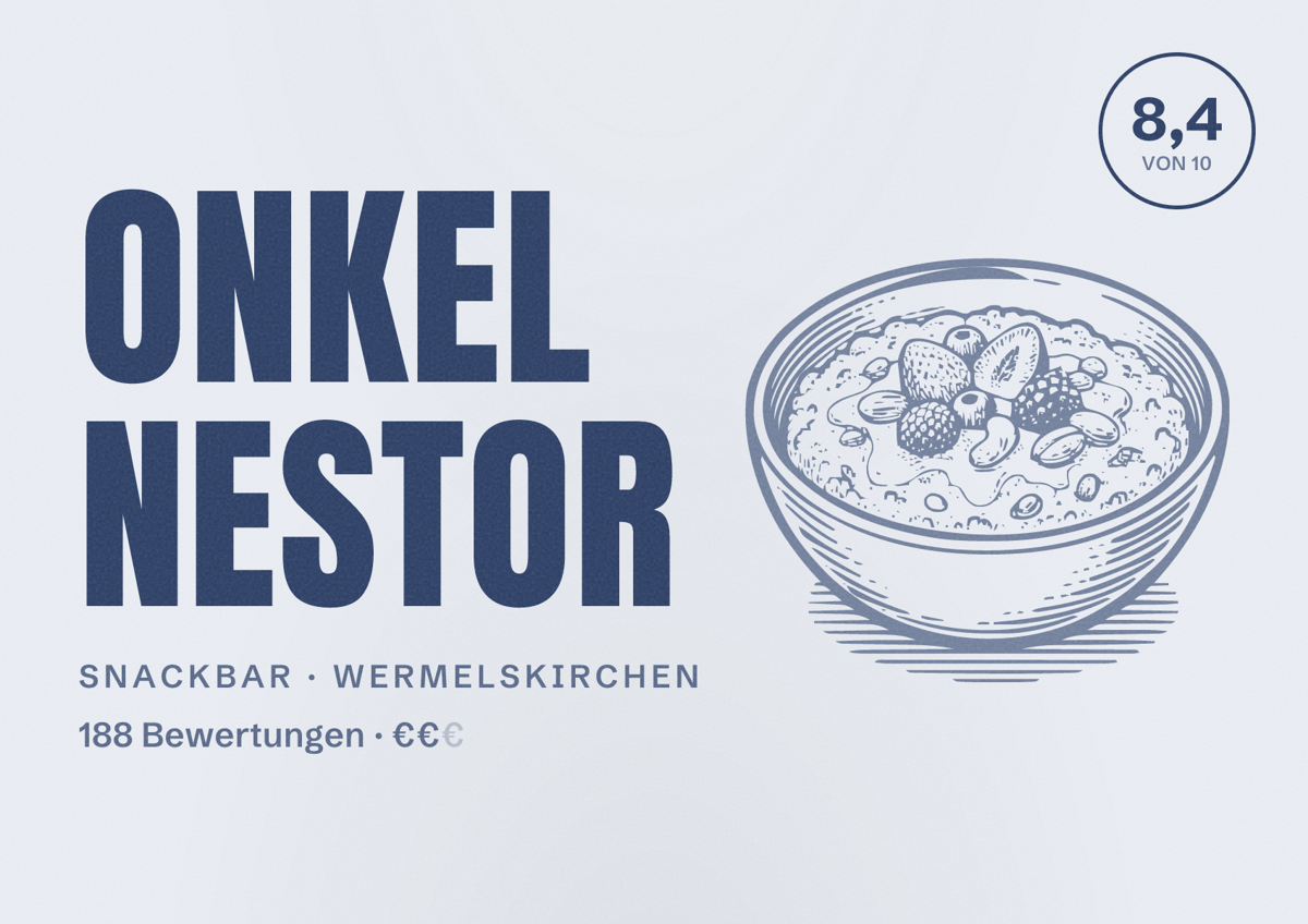 Illustriertes Poster von Onkel Nestor, Snackbar in Wermelskirchen: Bewertung 8,4 von 10 aus 188 Bewertungen, Preisniveau €€