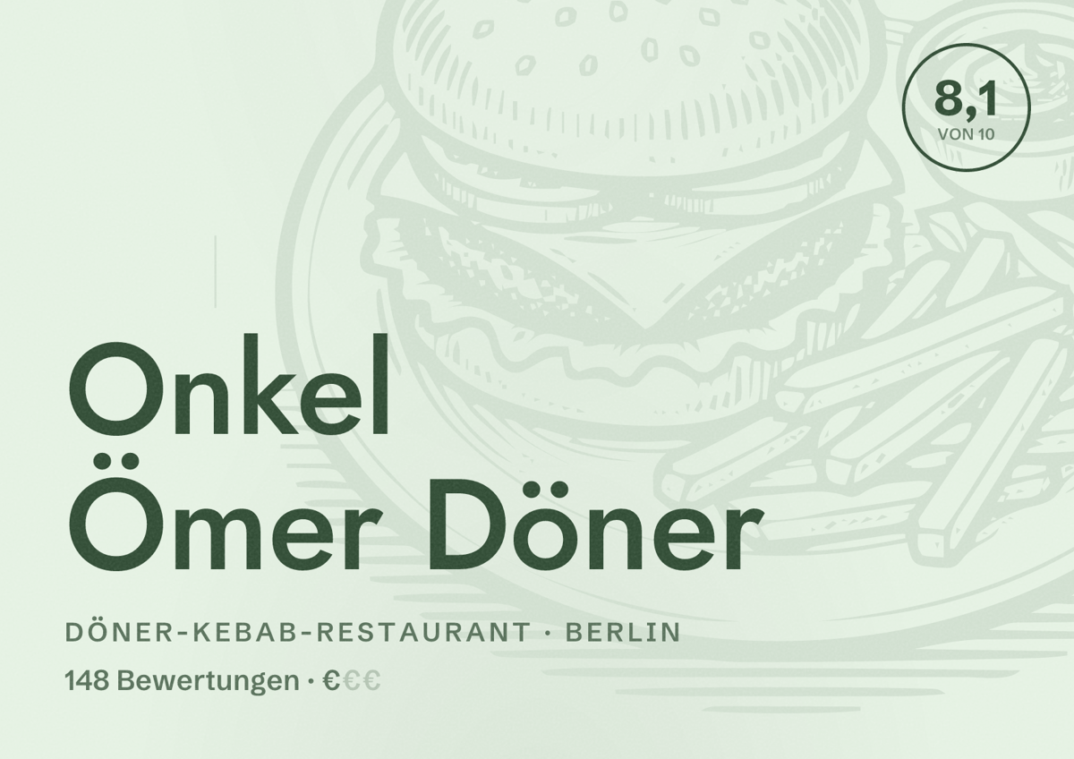Illustriertes Poster von Onkel Ömer Döner, Döner-Kebab-Restaurant in Berlin: Bewertung 8,1 von 10 aus 148 Bewertungen, Preisniveau €