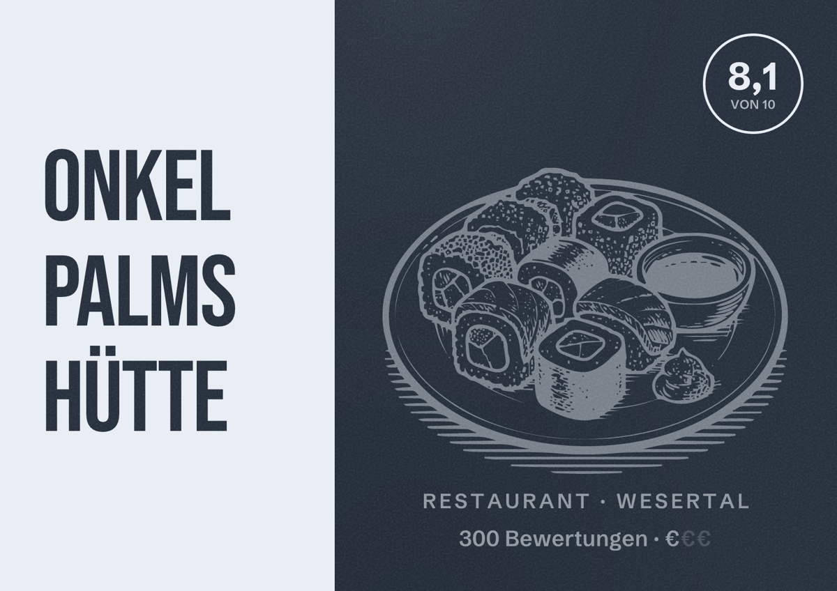Illustriertes Poster von Onkel Palms Hütte, Restaurant in Wesertal: Bewertung 8,1 von 10 aus 300 Bewertungen, Preisniveau €