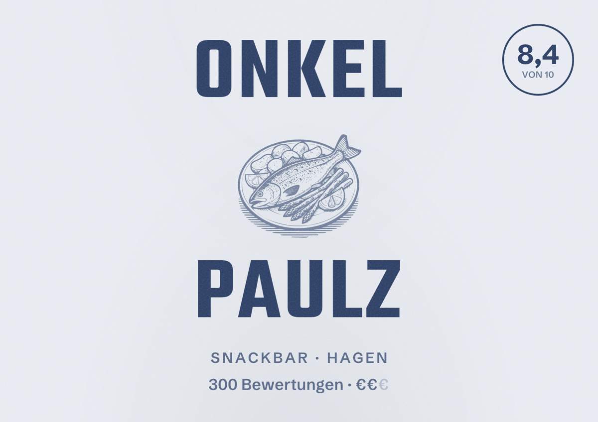 Illustriertes Poster von Onkel Paulz, Snackbar in Hagen: Bewertung 8,4 von 10 aus 300 Bewertungen, Preisniveau €€