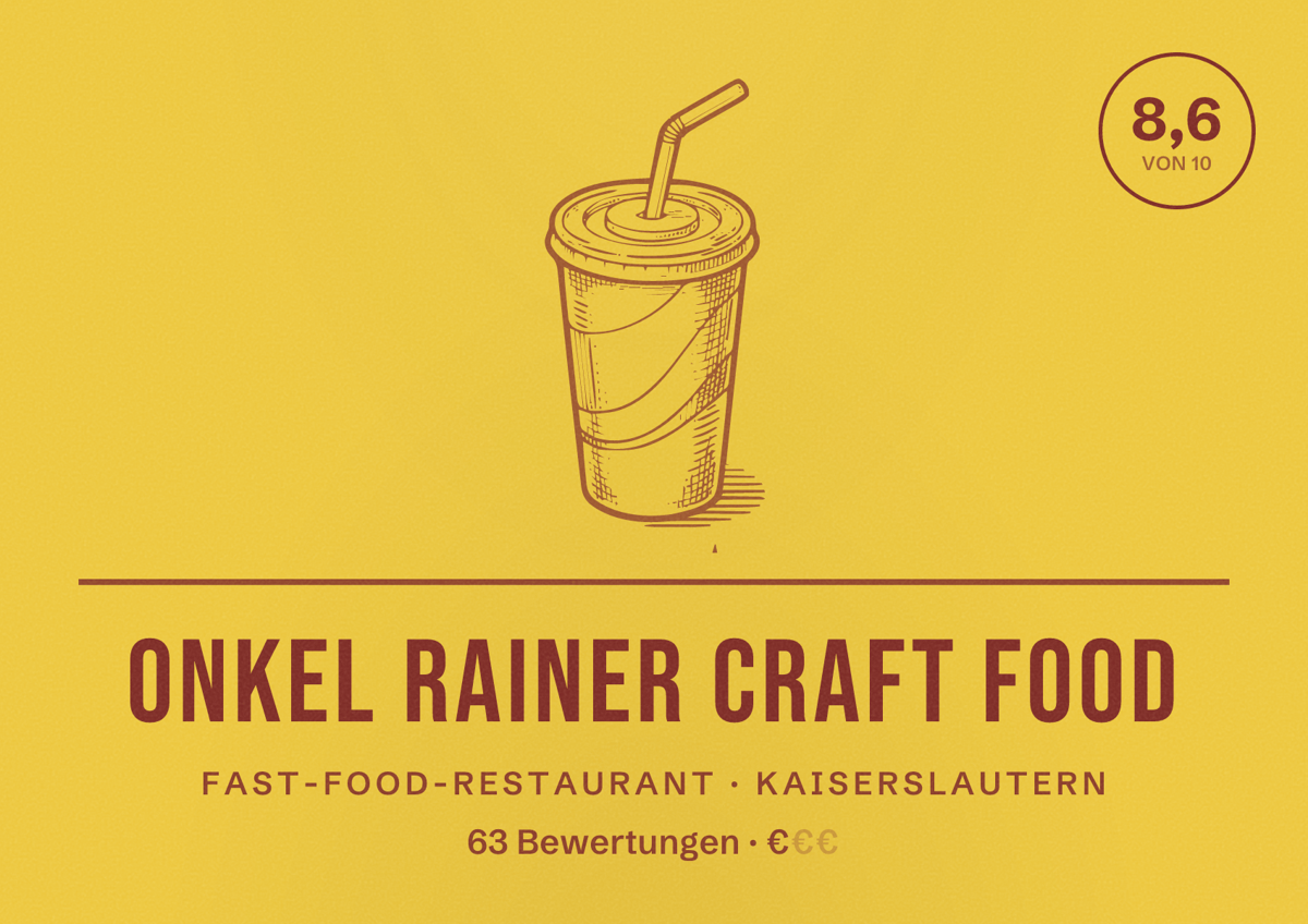 Illustriertes Poster von Onkel Rainer Craft Food, Fast-Food-Restaurant in Kaiserslautern: Bewertung 8,6 von 10 aus 63 Bewertungen, Preisniveau €
