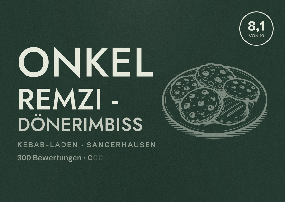 Illustriertes Poster von Onkel Remzi - Dönerimbiss, Kebab-Laden in Sangerhausen: Bewertung 8,1 von 10 aus 300 Bewertungen, Preisniveau €