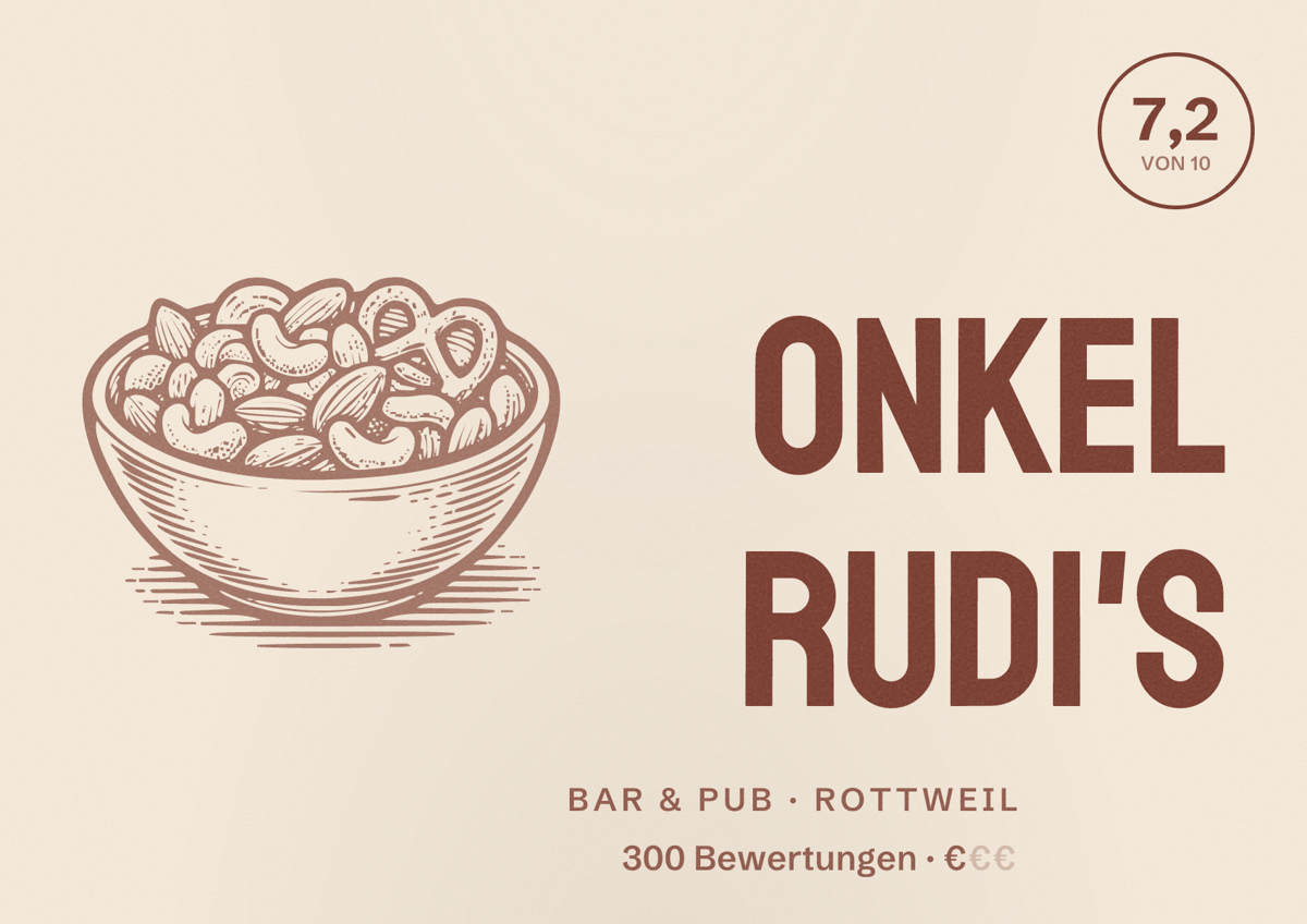 Illustriertes Poster von ONKEL RUDI'S, Bar & Pub in Rottweil: Bewertung 7,2 von 10 aus 300 Bewertungen, Preisniveau €