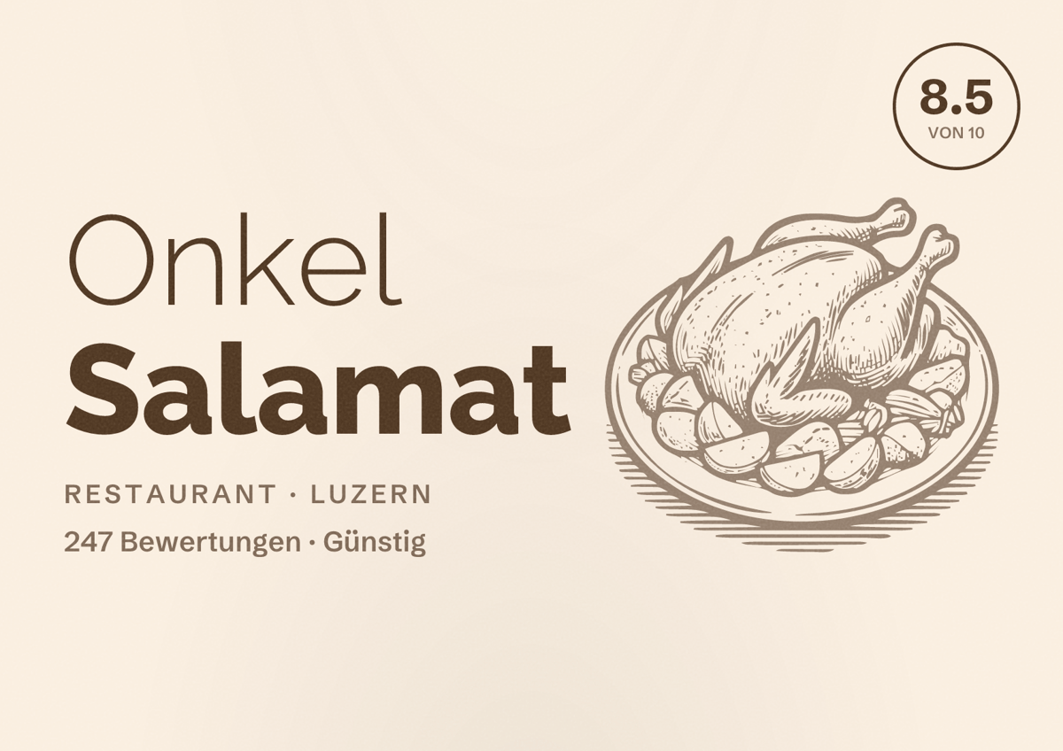 Illustriertes Poster von Onkel Salamat, Restaurant in Luzern: Bewertung 8.5 von 10 aus 247 Bewertungen, Preisniveau Günstig