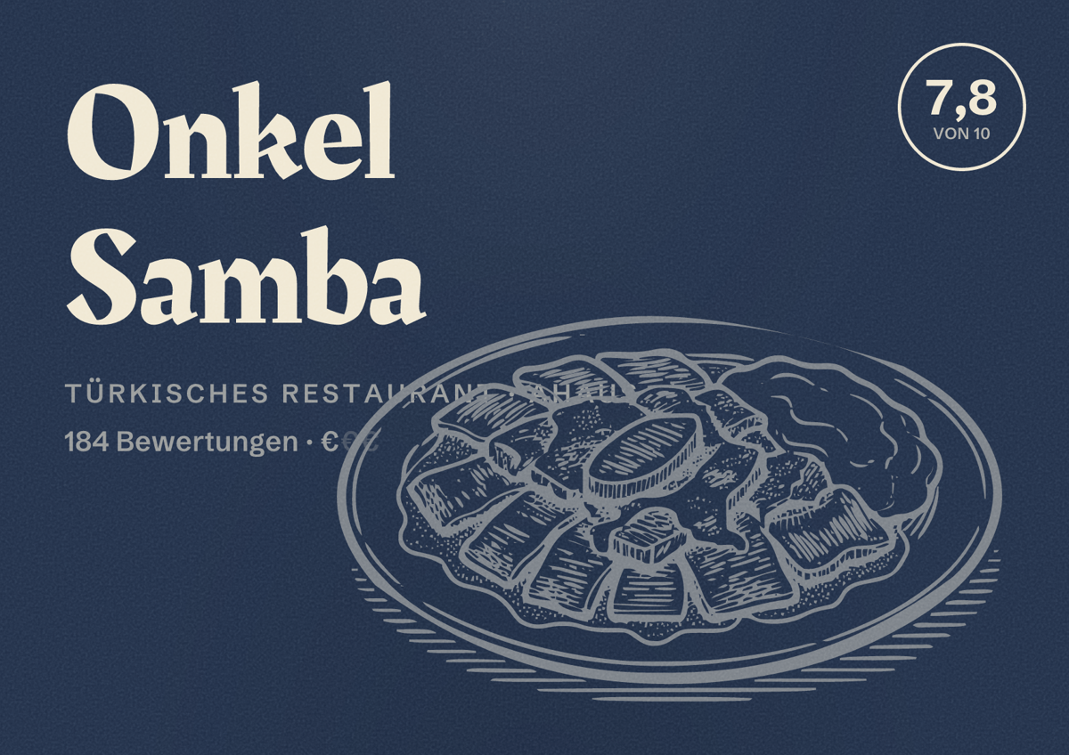 Illustriertes Poster von Onkel Samba, Türkisches Restaurant in Ahaus: Bewertung 7,8 von 10 aus 184 Bewertungen, Preisniveau €