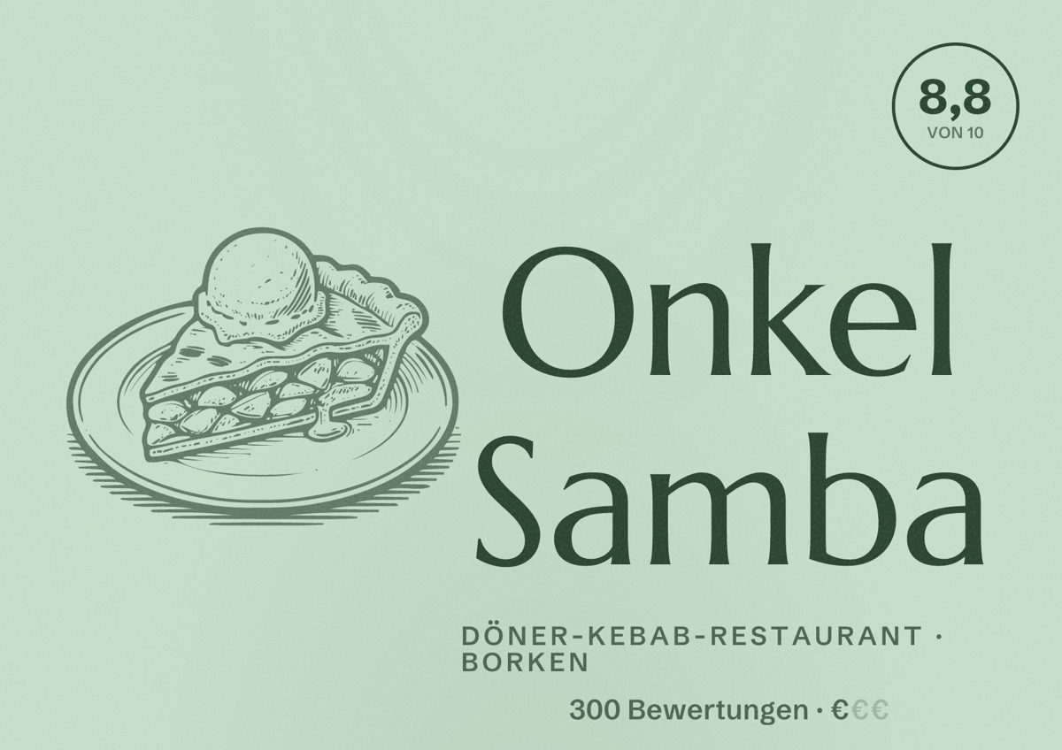 Illustriertes Poster von Onkel Samba, Döner-Kebab-Restaurant in Borken: Bewertung 8,8 von 10 aus 300 Bewertungen, Preisniveau €