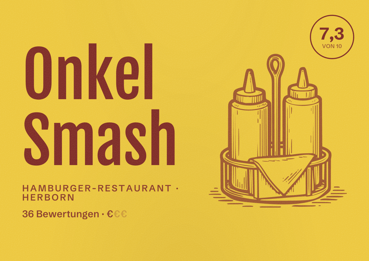 Illustriertes Poster von Onkel Smash, Hamburger-Restaurant in Herborn: Bewertung 7,3 von 10 aus 36 Bewertungen, Preisniveau €