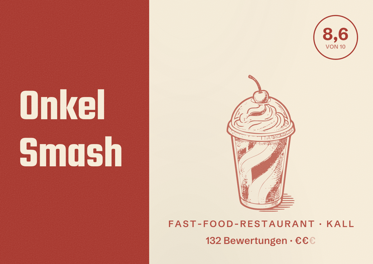 Illustriertes Poster von Onkel Smash, Fast-Food-Restaurant in Kall: Bewertung 8,6 von 10 aus 132 Bewertungen, Preisniveau €€