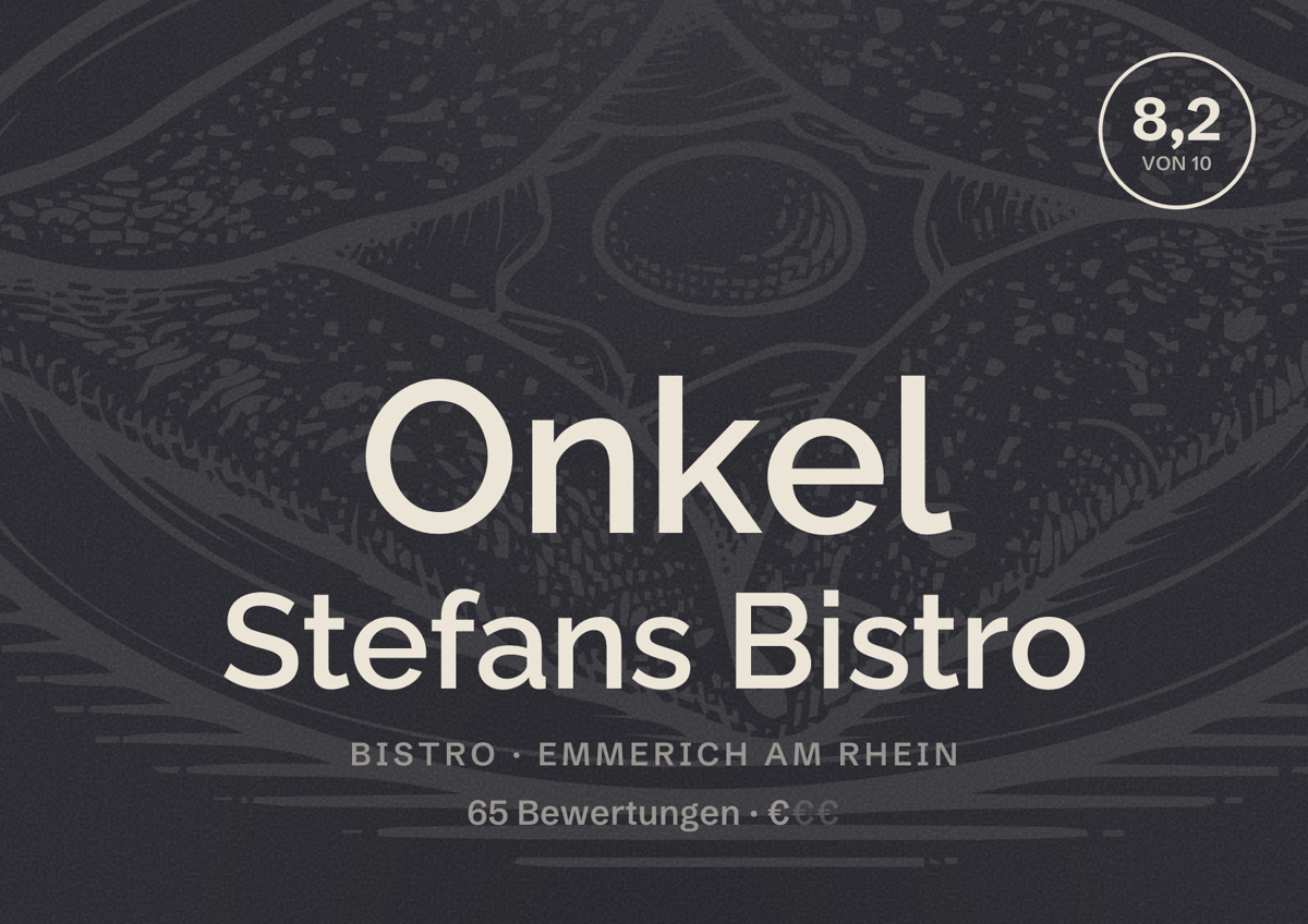 Illustriertes Poster von Onkel Stefans Bistro, Bistro in Emmerich am Rhein: Bewertung 8,2 von 10 aus 65 Bewertungen, Preisniveau €