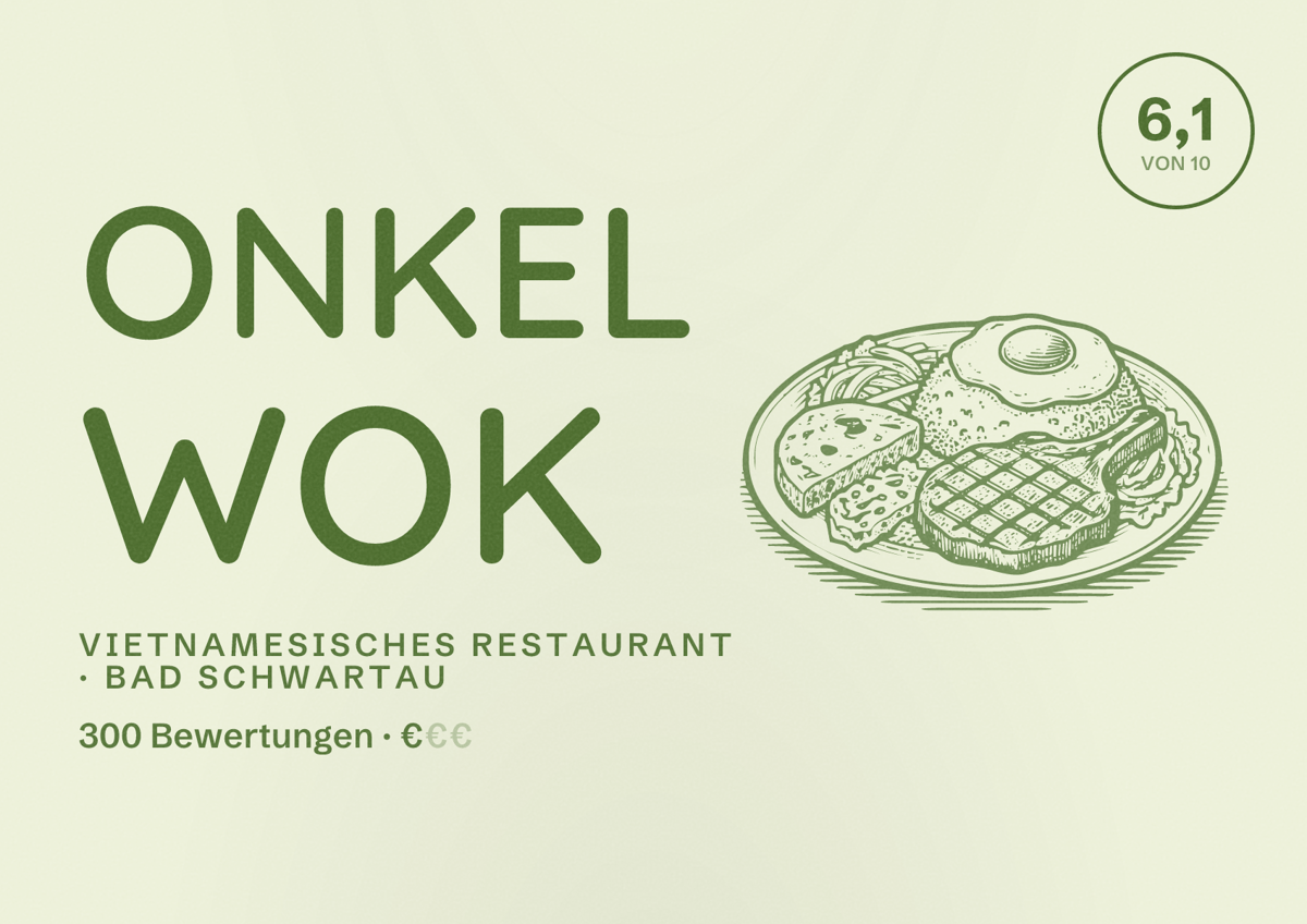 Illustriertes Poster von Onkel Wok, Vietnamesisches Restaurant in Bad Schwartau: Bewertung 6,1 von 10 aus 300 Bewertungen, Preisniveau €