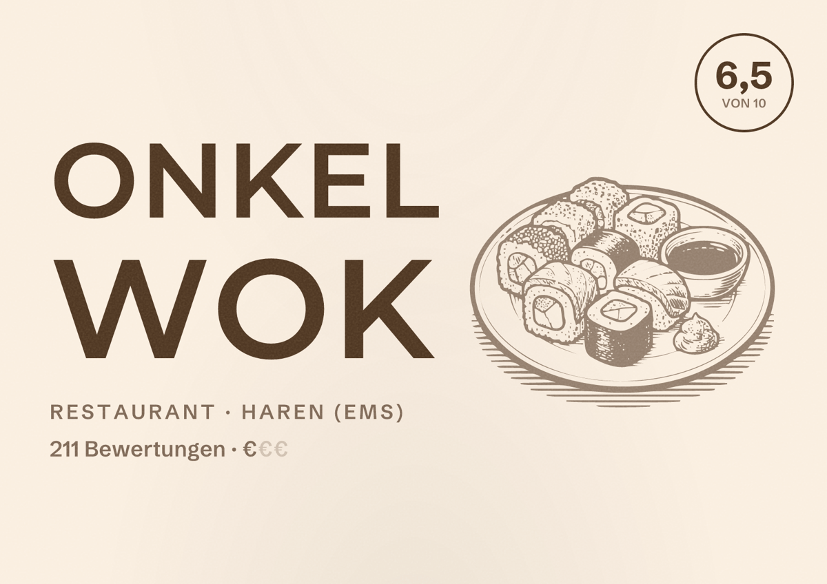 Illustriertes Poster von Onkel Wok, Restaurant in Haren (Ems): Bewertung 6,5 von 10 aus 211 Bewertungen, Preisniveau €