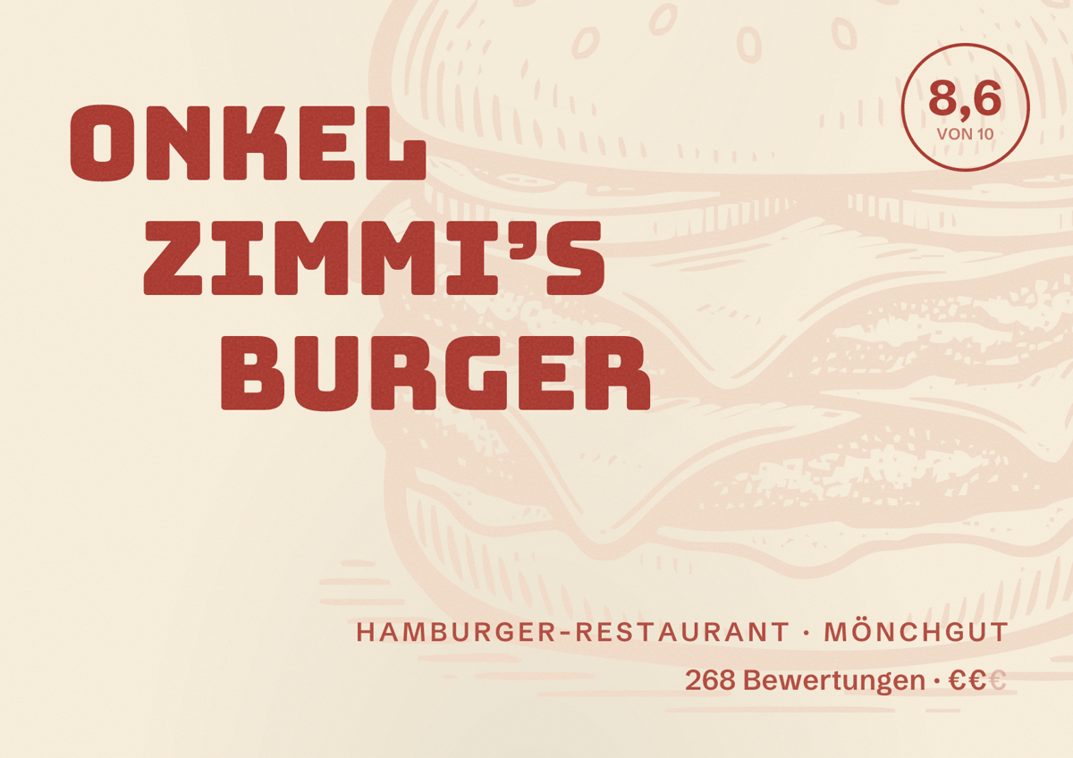 Illustriertes Poster von Onkel Zimmi’s Burger, Hamburger-Restaurant in Mönchgut: Bewertung 8,6 von 10 aus 268 Bewertungen, Preisniveau €€