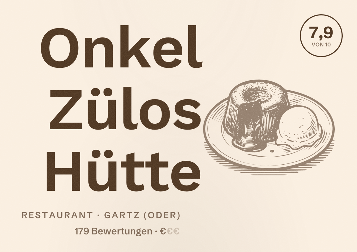 Illustriertes Poster von Onkel Zülos Hütte, Restaurant in Gartz (Oder): Bewertung 7,9 von 10 aus 179 Bewertungen, Preisniveau €