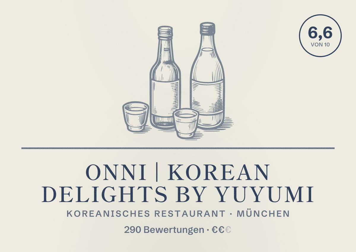 Illustriertes Poster von ONNI | Korean Delights by Yuyumi, Koreanisches Restaurant in München: Bewertung 6,6 von 10 aus 290 Bewertungen, Preisniveau €€