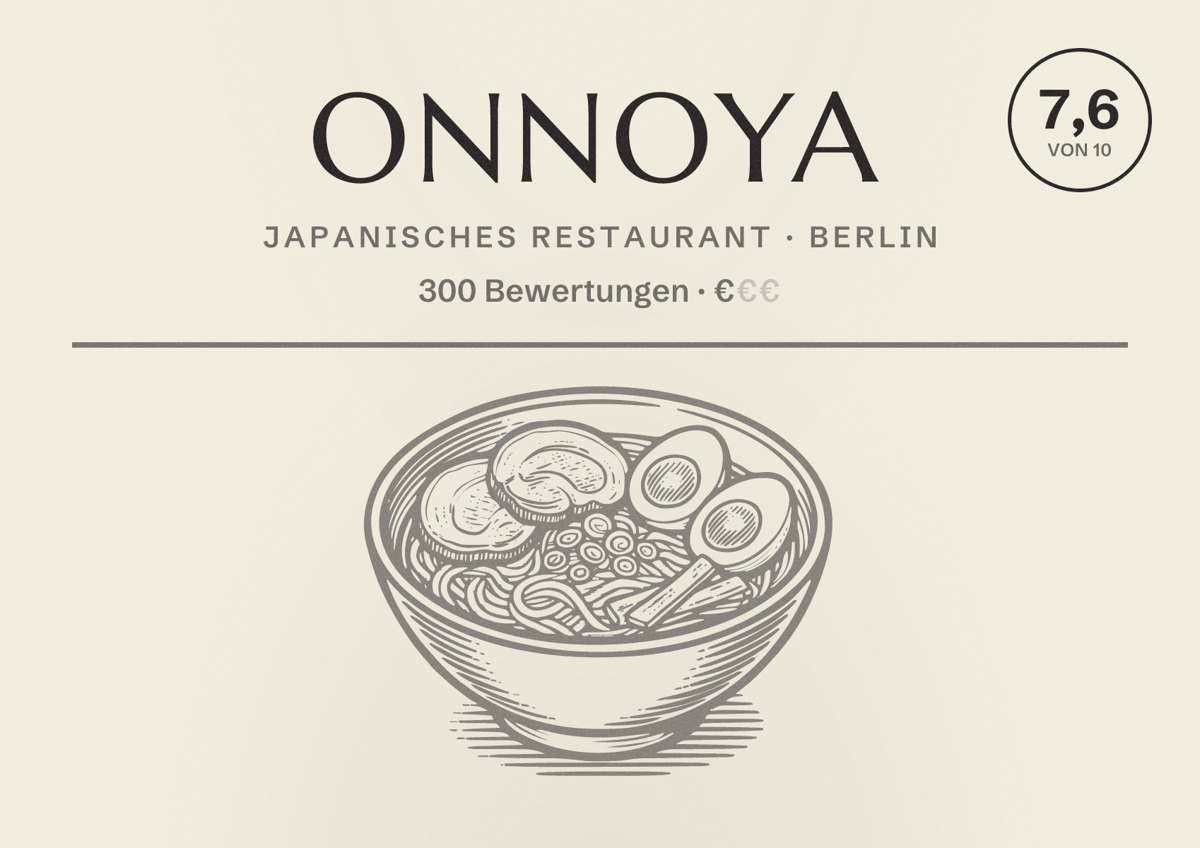 Illustriertes Poster von ONNOYA, Japanisches Restaurant in Berlin: Bewertung 7,6 von 10 aus 300 Bewertungen, Preisniveau €