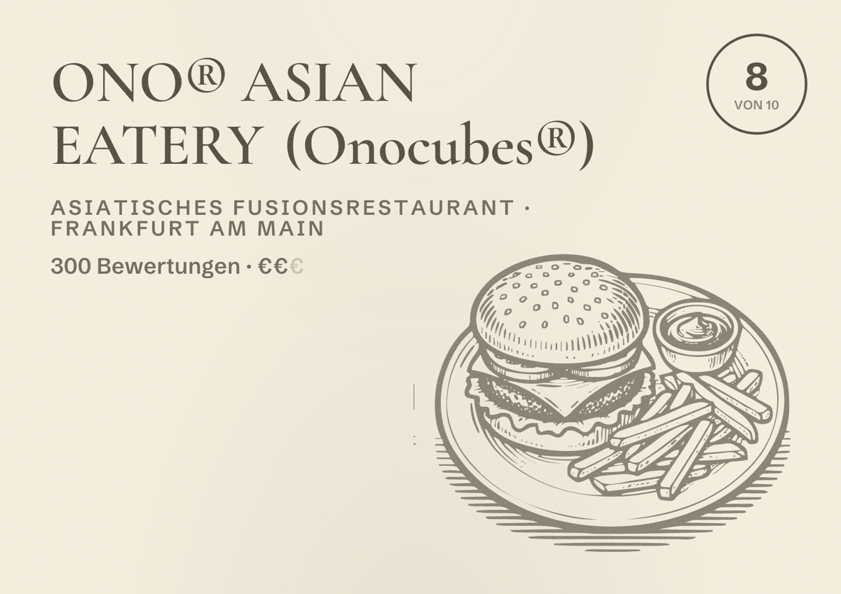 Illustriertes Poster von ONO® ASIAN EATERY (Onocubes®), Asiatisches Fusionsrestaurant in Frankfurt am Main: Bewertung 8,0 von 10 aus 300 Bewertungen, Preisniveau €€