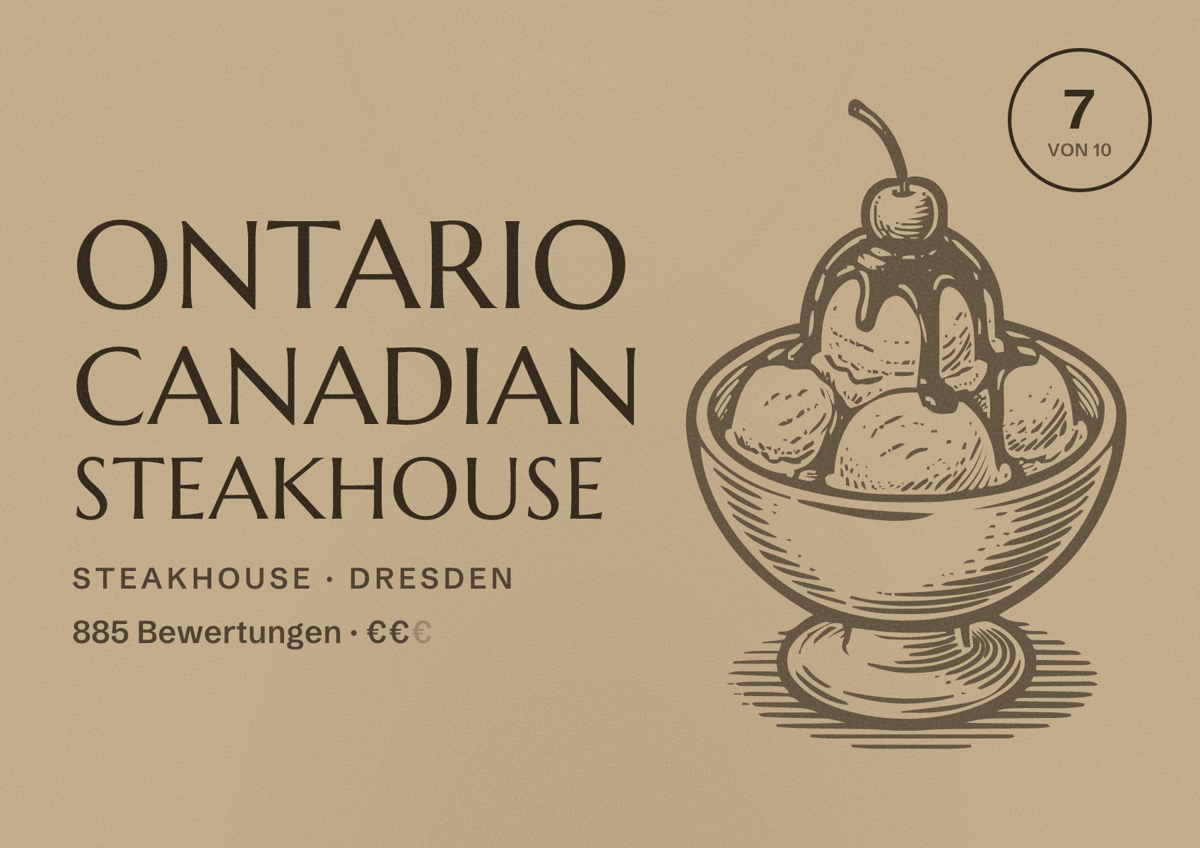 Illustriertes Poster von Ontario Canadian Steakhouse, Steakhouse in Dresden: Bewertung 7 von 10 aus 885 Bewertungen, Preisniveau €€