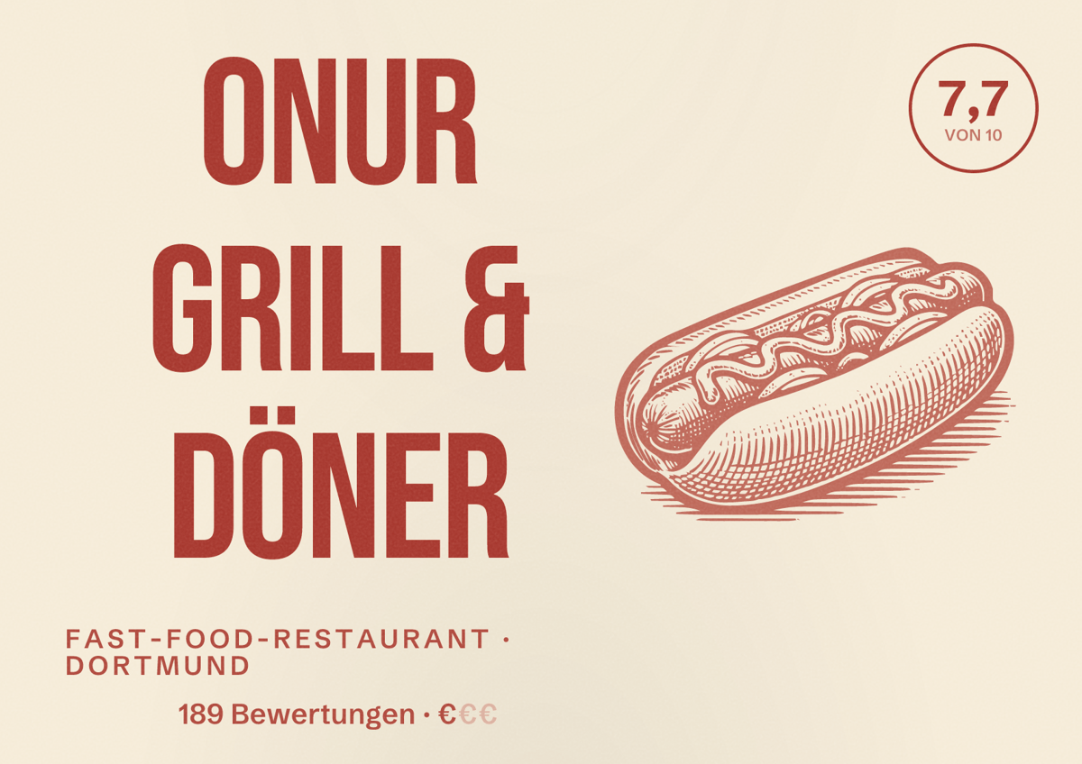 Illustriertes Poster von Onur Grill & Döner, Fast-Food-Restaurant in Dortmund: Gästebewertung 7,7 von 10 aus 189 Bewertungen