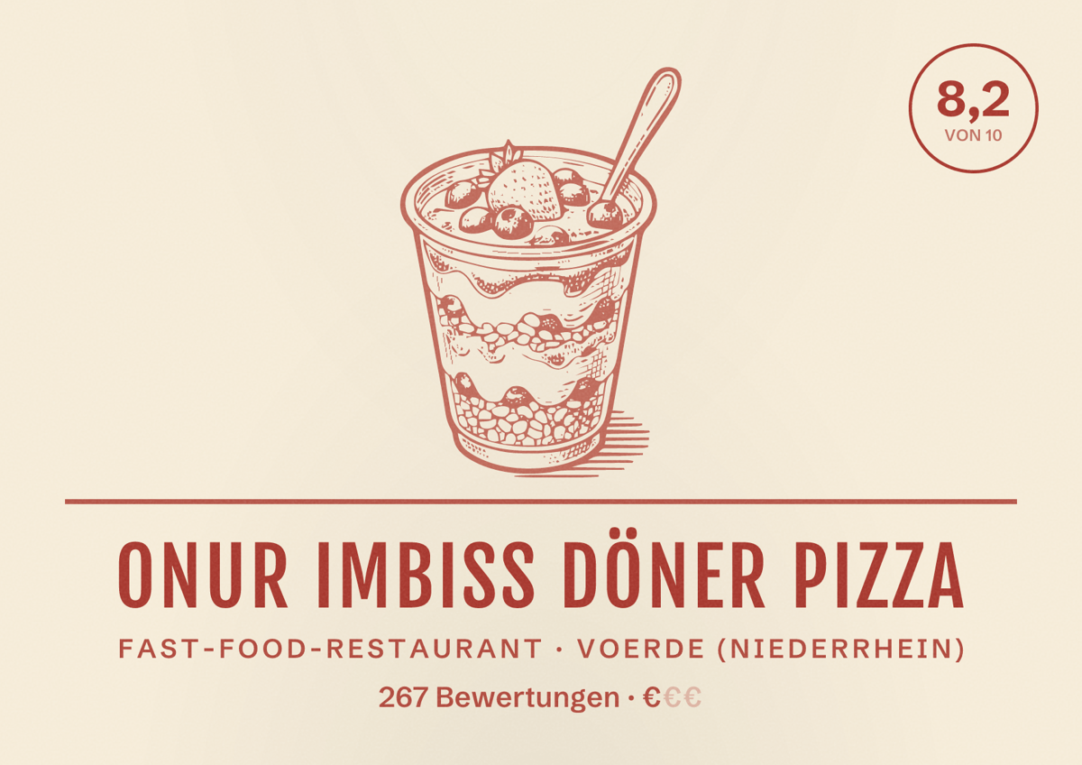 Illustriertes Poster von Onur Imbiss Döner Pizza, Fast-Food-Restaurant in Voerde (Niederrhein): Bewertung 8,2 von 10 aus 267 Bewertungen, Preisniveau €
