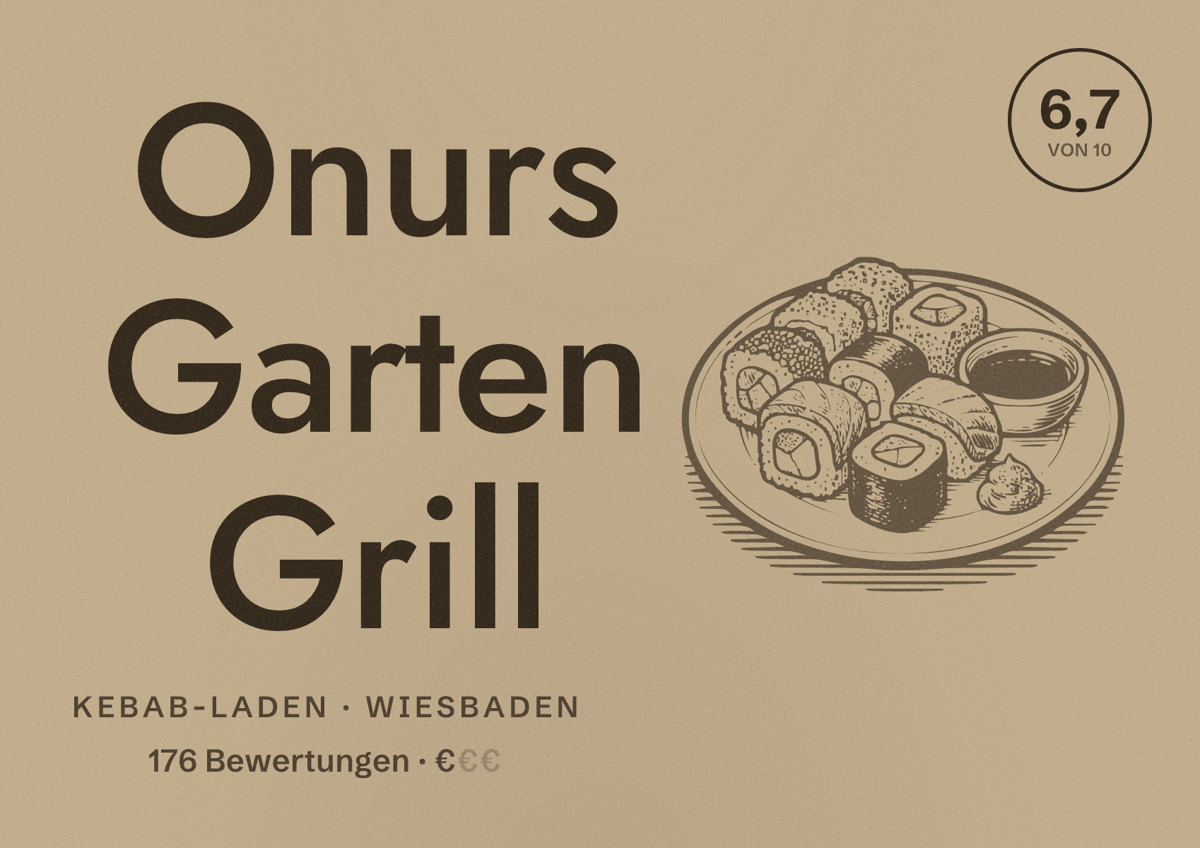 Illustriertes Poster von Onurs Garten Grill, Kebab-Laden in Wiesbaden: Bewertung 6,7 von 10 aus 176 Bewertungen, Preisniveau €