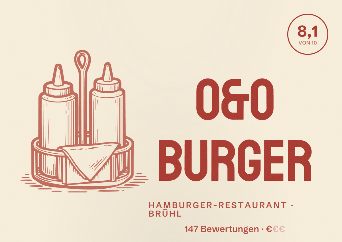 Illustriertes Poster von O&O Burger, Hamburger-Restaurant in Brühl: Bewertung 8,1 von 10 aus 147 Bewertungen, Preisniveau €