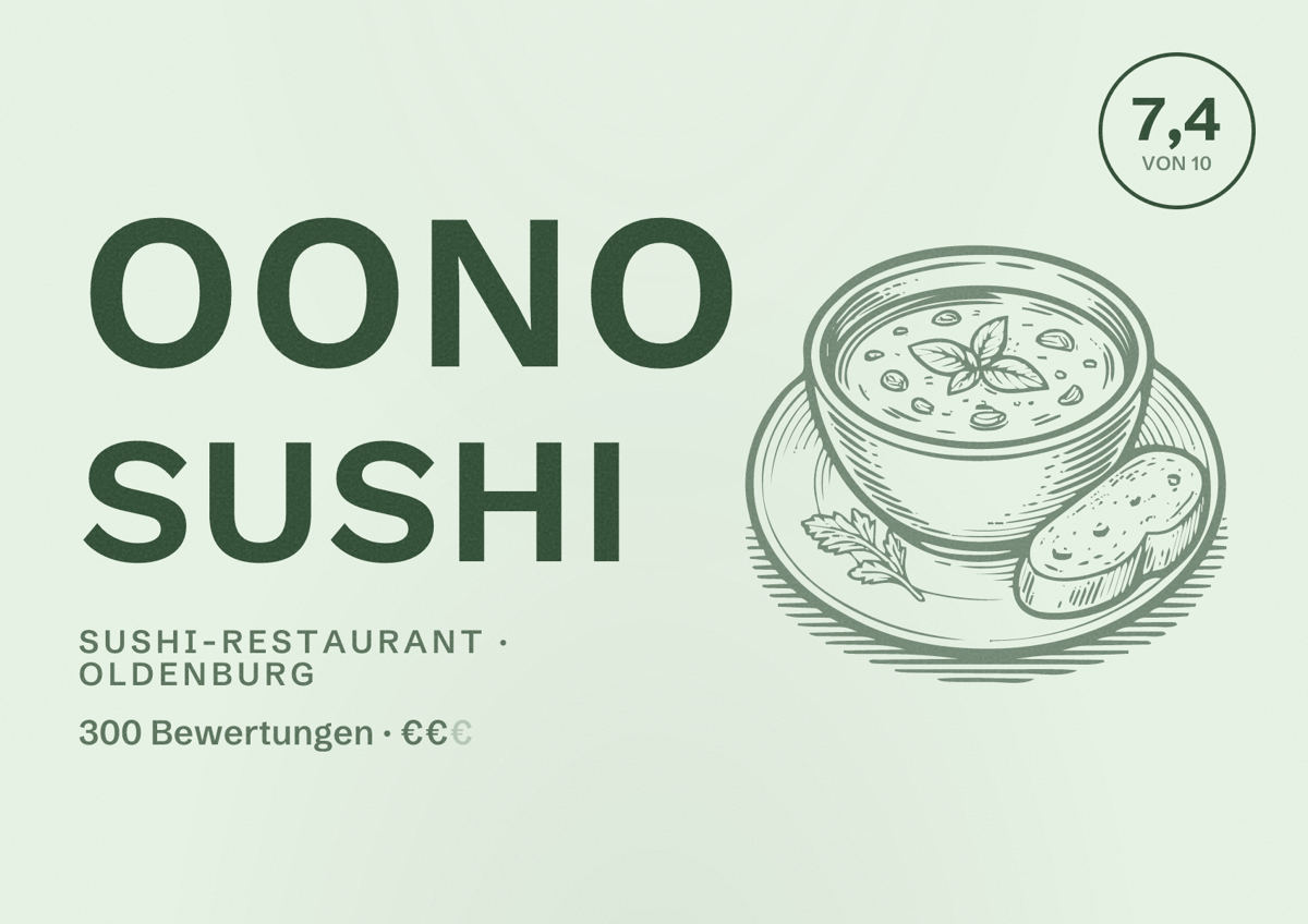 Illustriertes Poster von Oono Sushi, Sushi-Restaurant in Oldenburg: Bewertung 7,4 von 10 aus 300 Bewertungen, Preisniveau €€