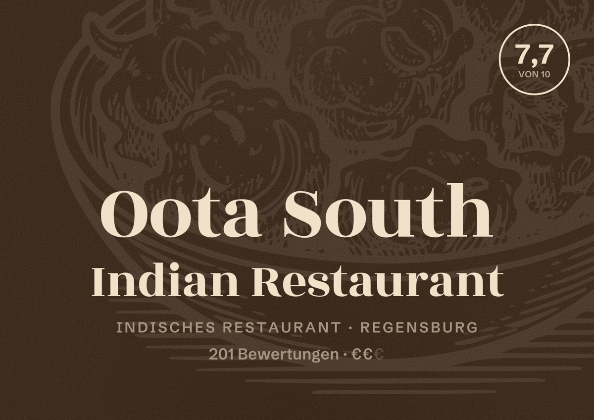 Illustriertes Poster von Oota South Indian Restaurant, Indisches Restaurant in Regensburg: Bewertung 7,7 von 10 aus 201 Bewertungen, Preisniveau €€