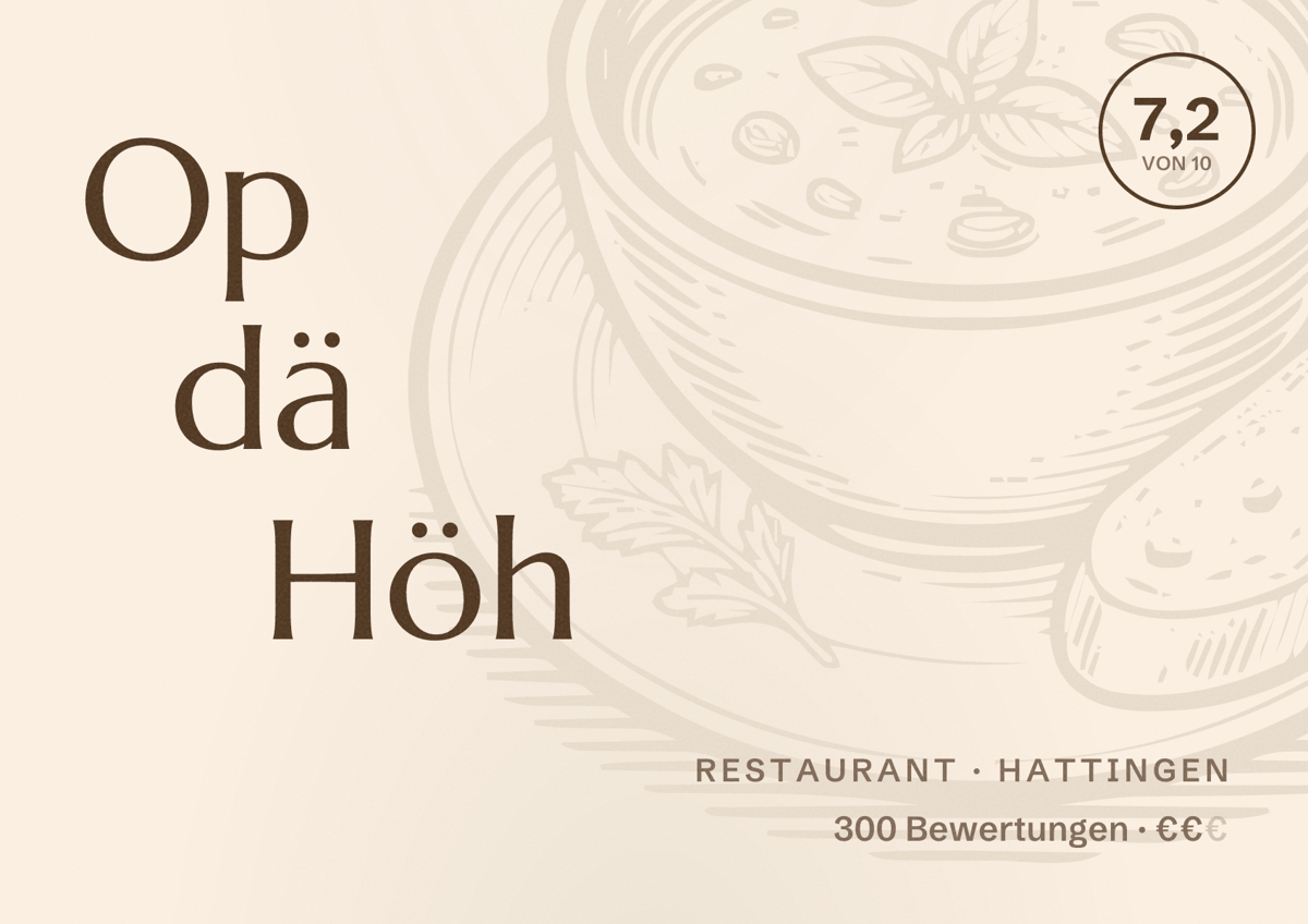 Illustriertes Poster von Op dä Höh, Restaurant in Hattingen: Bewertung 7,2 von 10 aus 300 Bewertungen, Preisniveau €€