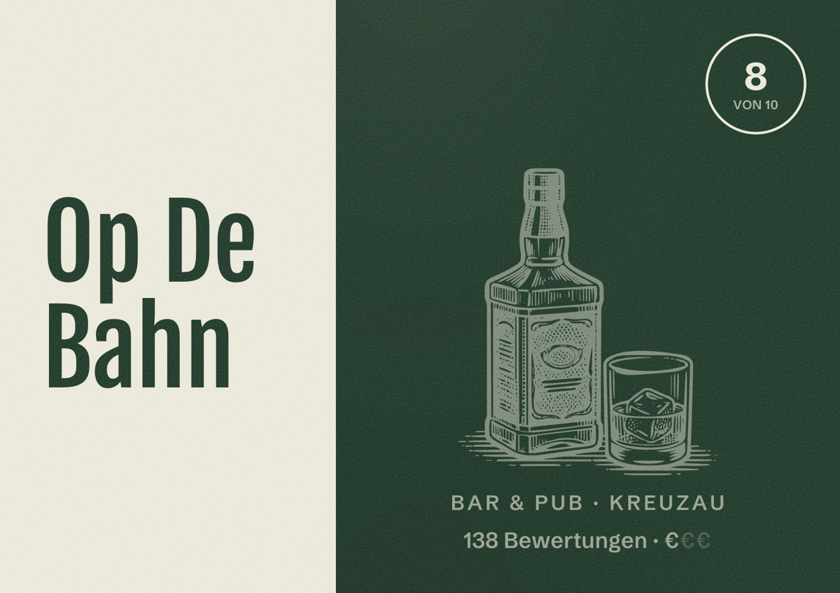 Illustriertes Poster von Op De Bahn, Bar & Pub in Kreuzau: Bewertung 8 von 10 aus 138 Bewertungen, Preisniveau €