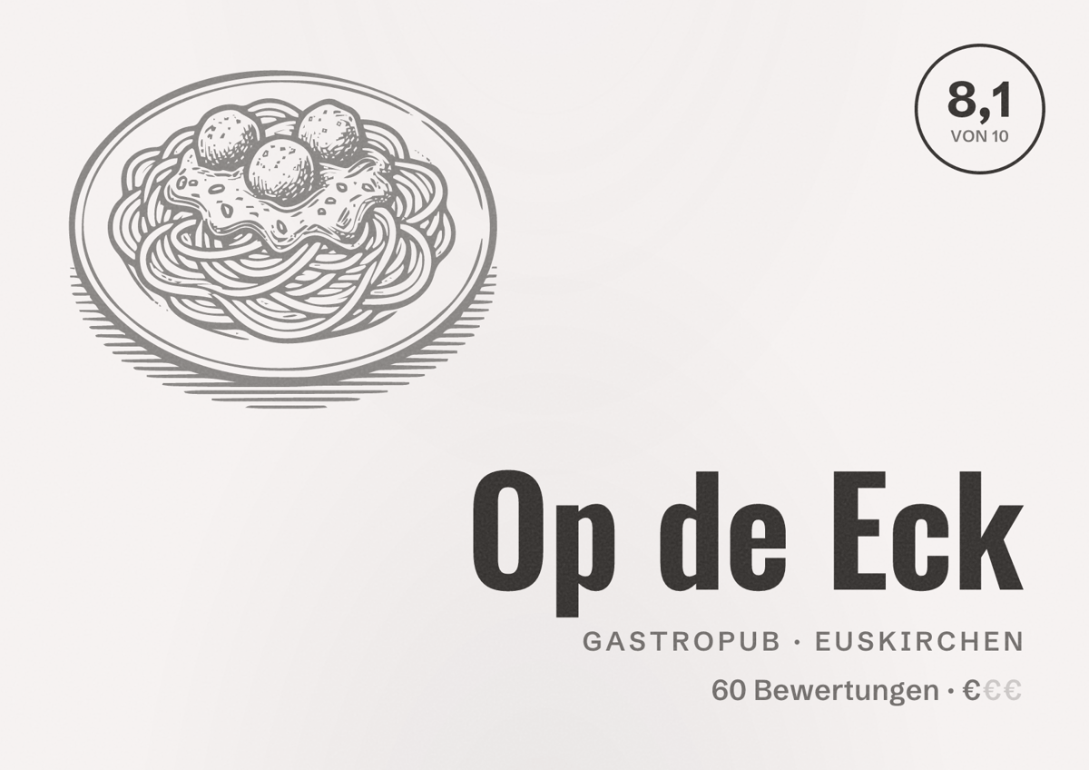 Illustriertes Poster von Op de Eck, Gastropub in Euskirchen: Bewertung 8,1 von 10 aus 60 Bewertungen, Preisniveau €