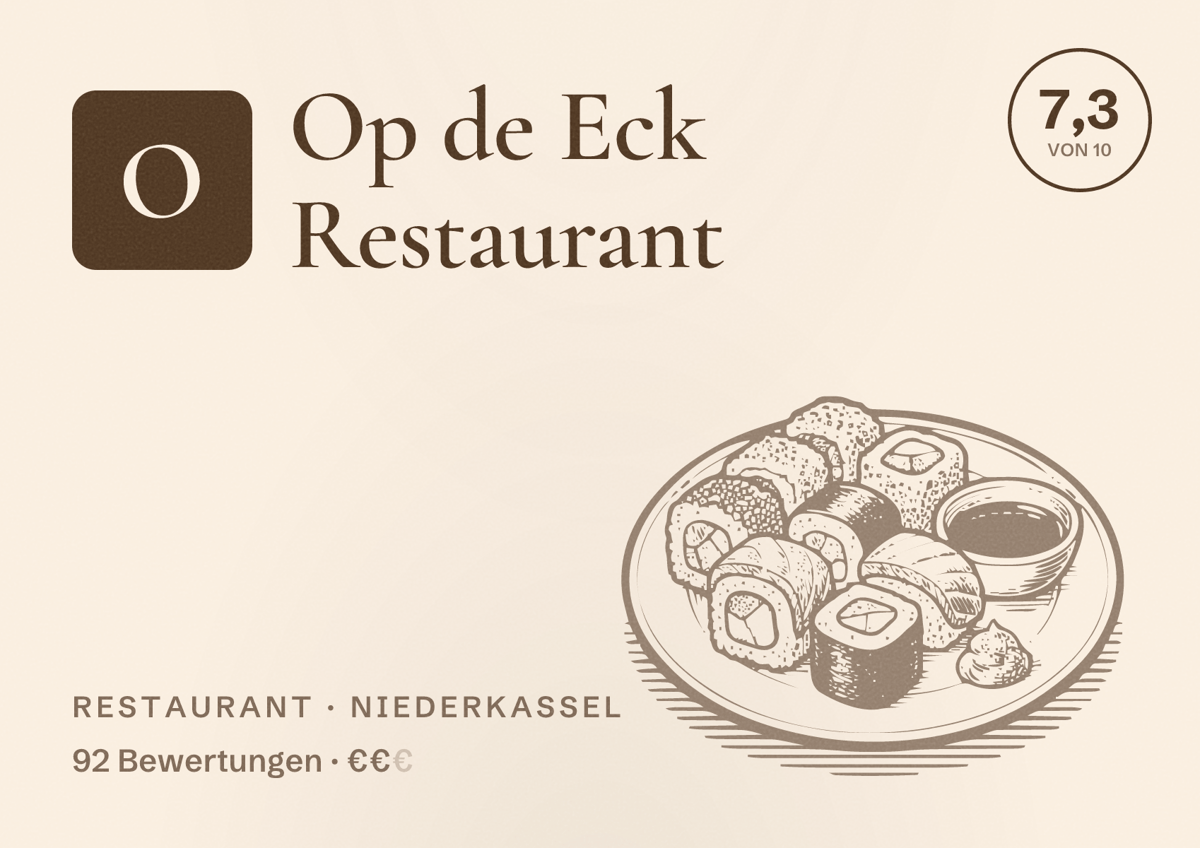 Illustriertes Poster von Op de Eck Restaurant, Restaurant in Niederkassel: Bewertung 7,3 von 10 aus 92 Bewertungen, Preisniveau €€