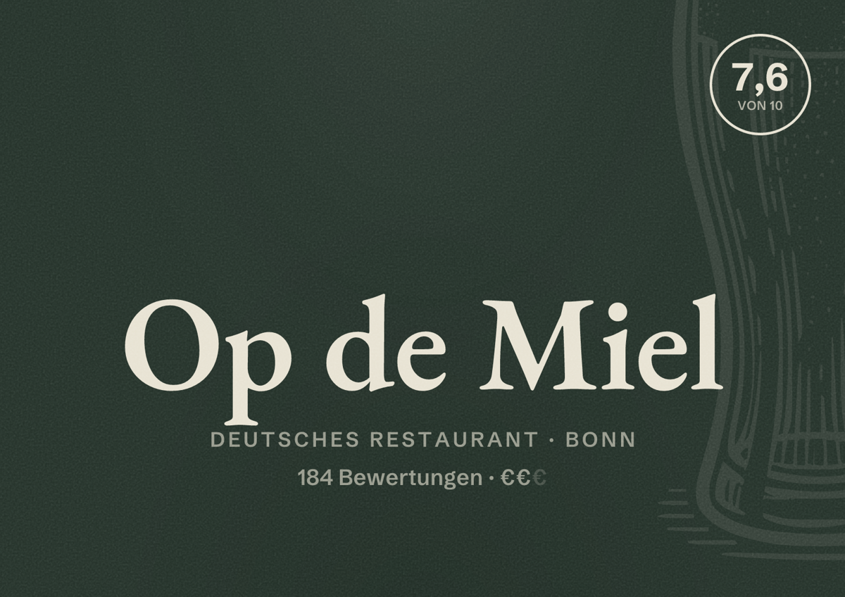 Illustriertes Poster von Op de Miel, Deutsches Restaurant in Bonn: Bewertung 7,6 von 10 aus 184 Bewertungen, Preisniveau €€