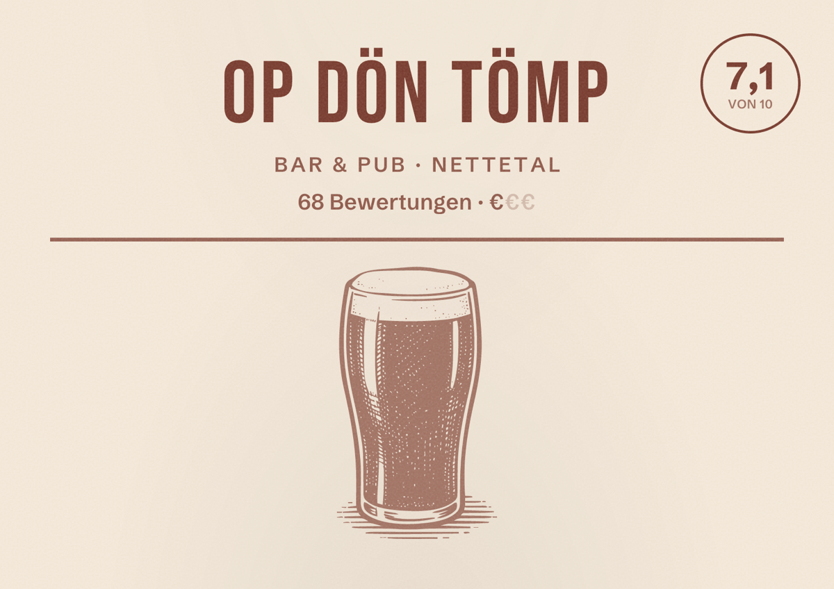 Illustriertes Poster von Op Dön Tömp, Bar & Pub in Nettetal: Bewertung 7,1 von 10 aus 68 Bewertungen, Preisniveau €