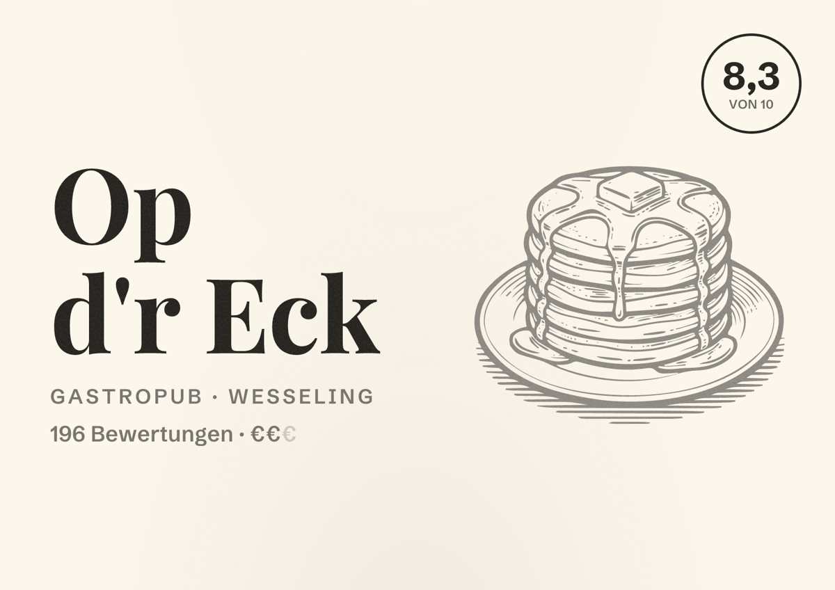 Illustriertes Poster von Op d'r Eck, Gastropub in Wesseling: Bewertung 8,3 von 10 aus 196 Bewertungen, Preisniveau €€