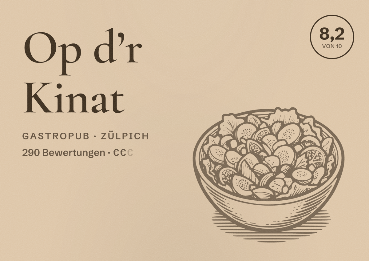 Illustriertes Poster von Op d’r Kinat, Gastropub in Zülpich: Bewertung 8,2 von 10 aus 290 Bewertungen, Preisniveau €€