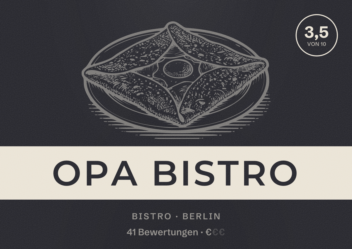 Illustriertes Poster von Opa Bistro, Bistro in Berlin: Bewertung 3,5 von 10 aus 41 Bewertungen, Preisniveau €