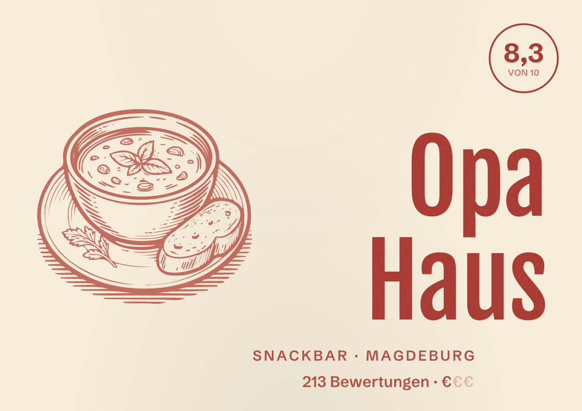 Illustriertes Poster von Opa Haus, Snackbar in Magdeburg: Bewertung 8,3 von 10 aus 213 Bewertungen, Preisniveau €