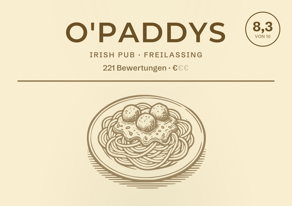 Illustriertes Poster von O'Paddys, Irish Pub in Freilassing: Bewertung 8,3 von 10 aus 221 Bewertungen, Preisniveau €