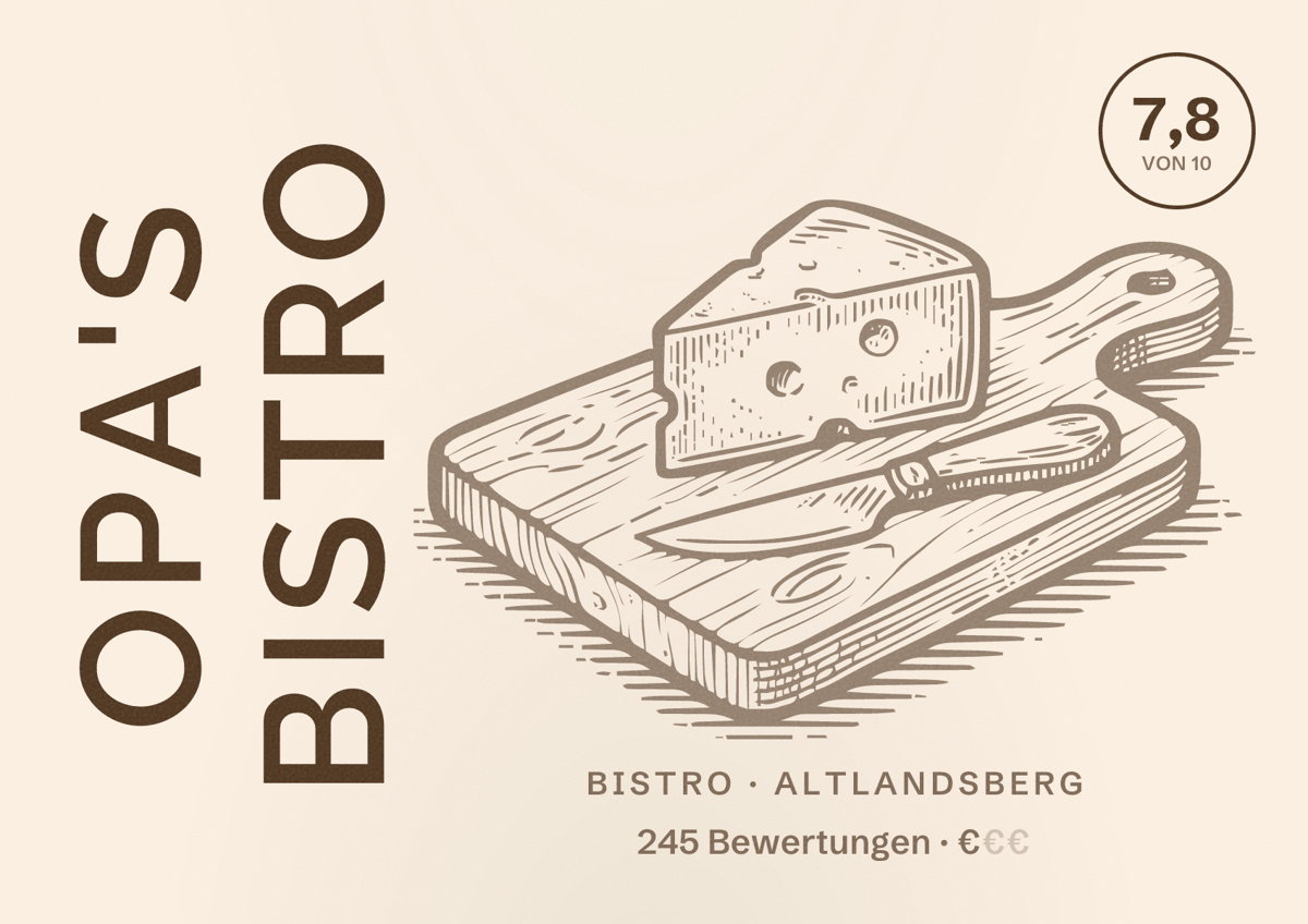 Illustriertes Poster von Opa's Bistro, Bistro in Altlandsberg: Bewertung 7,8 von 10 aus 245 Bewertungen, Preisniveau €