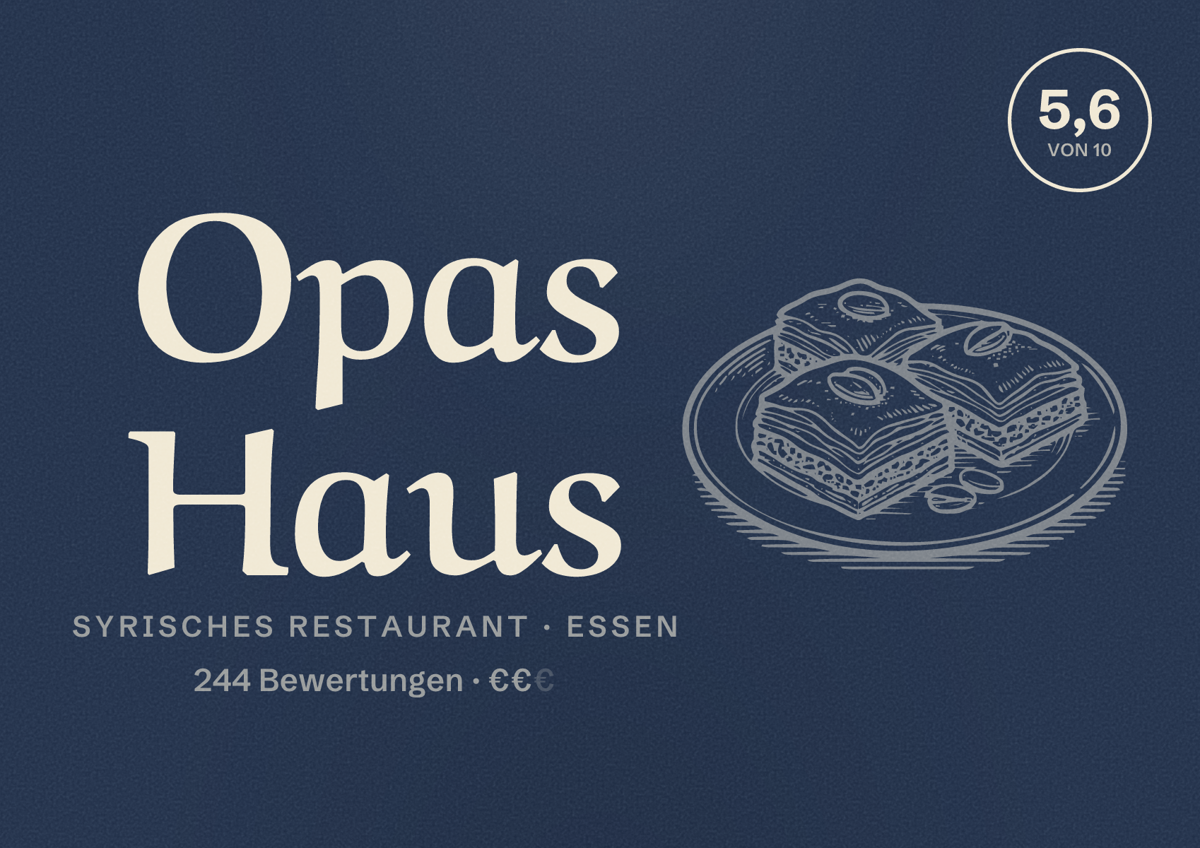 Illustriertes Poster von Opas Haus, Syrisches Restaurant in Essen: Bewertung 5,6 von 10 aus 244 Bewertungen, Preisniveau €€