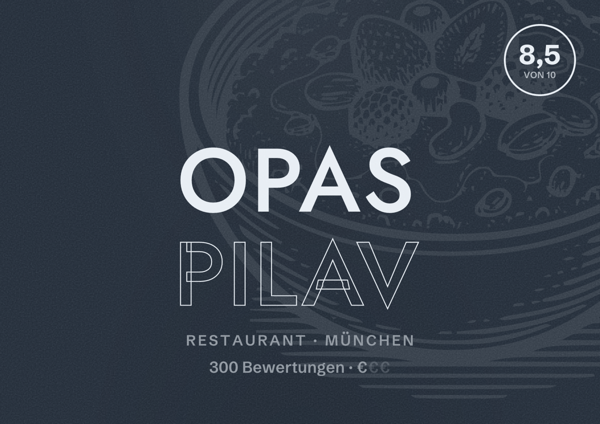 Illustriertes Poster von Opas Pilav, Restaurant in München: Bewertung 8,5 von 10 aus 300 Bewertungen, Preisniveau €